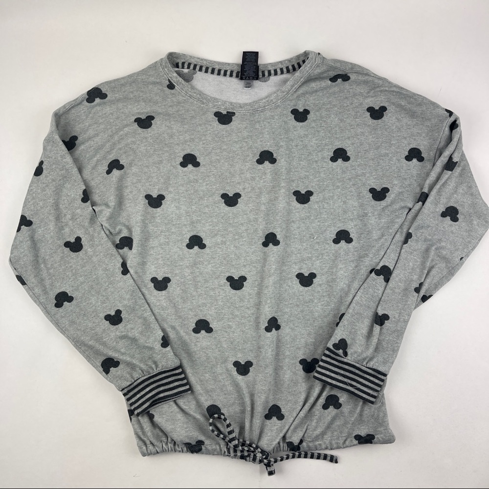 Disney Shirt Womens Medium Gray Black Mickey Mouse Tie Bottom Long Sleeve